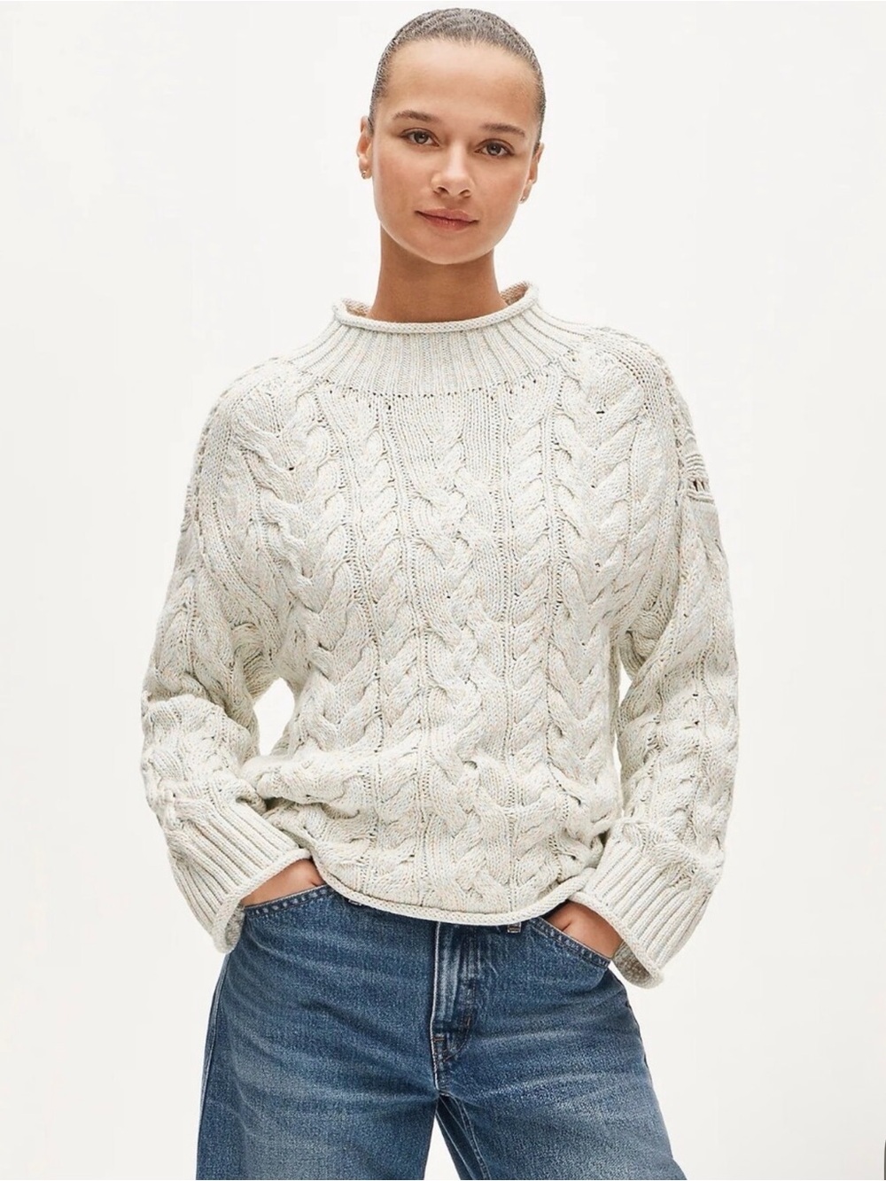 J.Crew 2025 Rollneck Cable Knit Sweater Marled Heritage Cotton Blue Size M